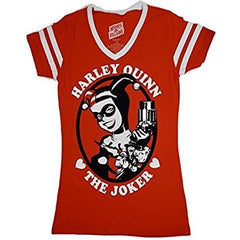 Batman Harley Quinn Red Varsity Womens Juniors V-Neck T-Shirt