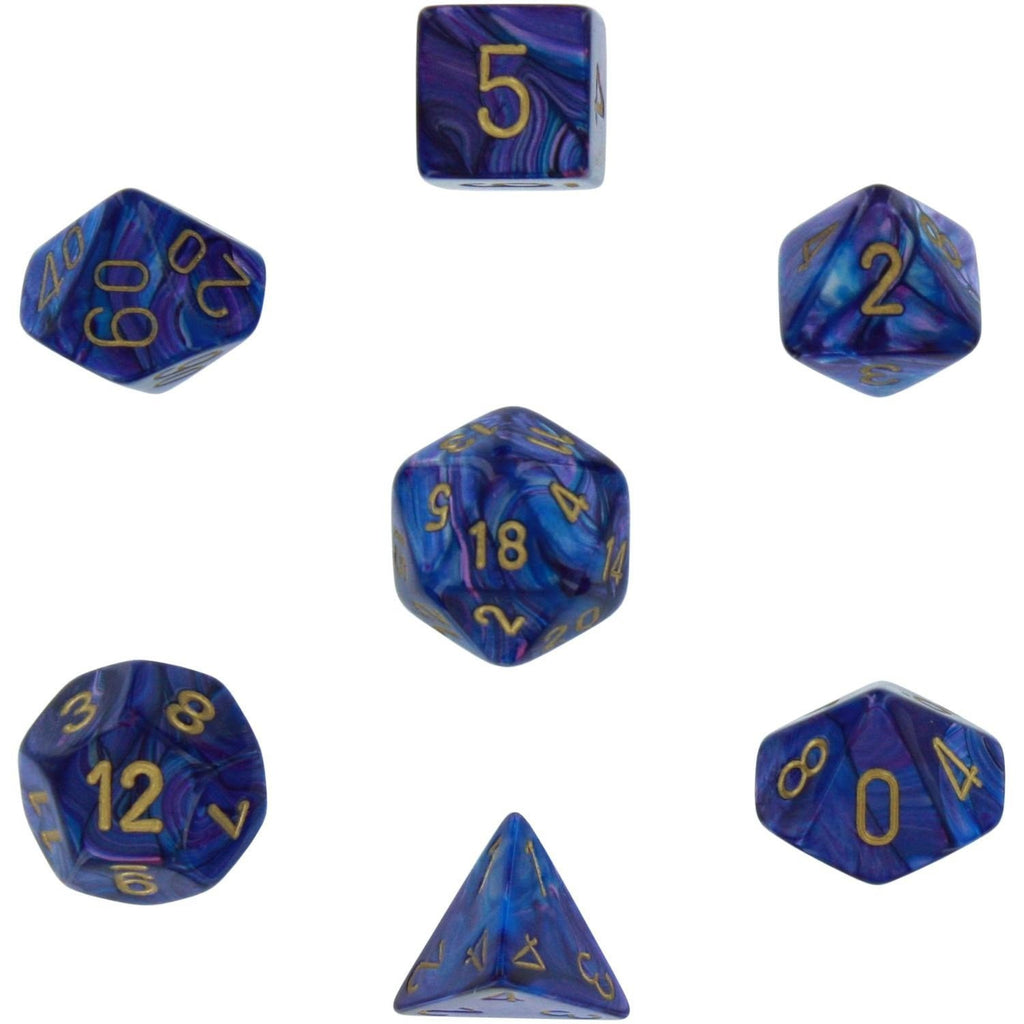 Purple with Gold Lustrous Polyhedral 7 Die Set